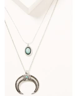 Prime Time Jewelry Women's Silver Crescent Horn & Turquoise Pendant Layered Necklace Set