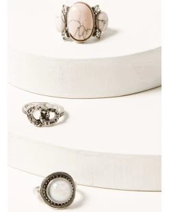 Prime Time Jewelry Women's Pink Marble & Silver Statement Ring Set